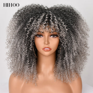 16''Short Hair Afro Kinky Curly Wig With Bangs For Black Women Cosplay Lolita Synthetic Natural Glueless Brown Mixed Blonde Wigs ALODIA STORE