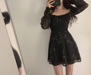 Sexy Black Dress Vintage Flower Long Puff Sleeve Chiffon Dresses ALODIA STORE