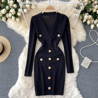 Women Knitted Pencil Dress Korean Long Sleeve V Neck Elastic Slim Dress ALODIA STORE