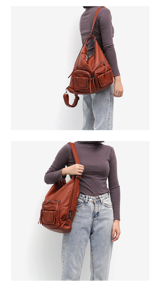 CEZIRA Large Soft Casual Women Bags Functional Girl School Backpack PU Leather Bag Ladies Multi Pockets Messenger&amp;Shoulder Bag ALODIA STORE