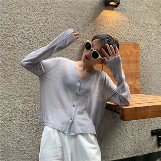 Cardigan Women Korean Long Sleeve Cardigan Summer Cropped Cardigan Knitted V-Neck Thin Ice Silk Sweaters Sunscreen Shirt Tops ALODIA STORE