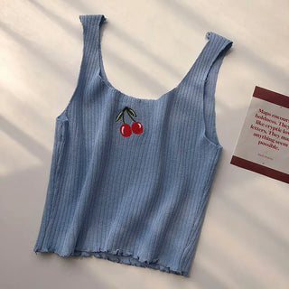 Cherries Embroidery Sleeveless Ropa Para Mujer Cropped Black Top Knitted Tank White Ribbed Camis Purple Croptop Womens Clothes ALODIA STORE