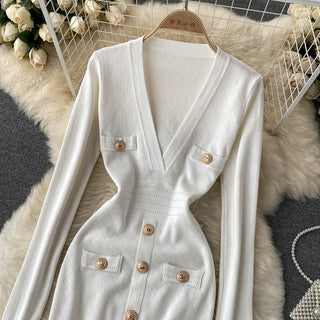Women Knitted Pencil Dress Korean Long Sleeve V Neck Elastic Slim Dress ALODIA STORE
