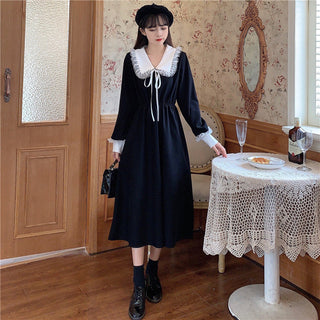 Vintage Dress Women Sweet Lace Peter Pan Collar French Elegant Long Sleeve Lace-Up Fairy One Piece Dress Korean 2021 Autumn Chic ALODIA STORE