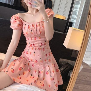 Pink Elegant Kawaii Dress Women Floral Print Cherry Mini Dress Female Casual Sweet Japan Korean Style Summer Dress Women 2020 ALODIA STORE