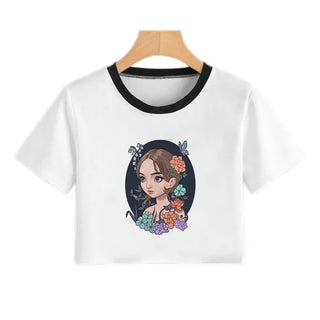 Summer Fashion Harajuku Sexy Tank Crop Top White Femme Clothes Women Cute Flower Season Girl Printed Croptop Short Sleeve ALODIA STORE