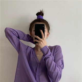 Cardigan Women Korean Long Sleeve Cardigan Summer Cropped Cardigan Knitted V-Neck Thin Ice Silk Sweaters Sunscreen Shirt Tops ALODIA STORE