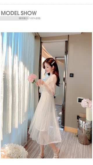 2022 Brand New Women Romantic Tulle Dress Stand Collar Beading Tassels Ruffles Long Sleeve Mesh Dress Cute Mid Dress Vestidos ALODIA STORE