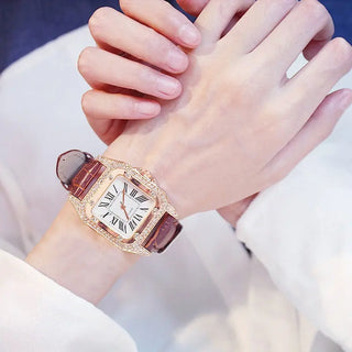 Women Diamond Watch Starry Square Dial Bracelet Watches Set Ladies Leather Band Quartz Wristwatch Female Clock Zegarek Damski ALODIA STORE