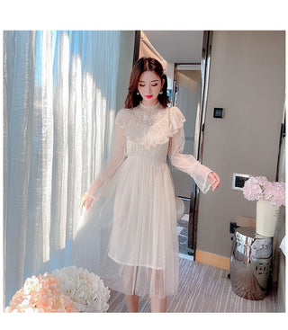 2022 Brand New Women Romantic Tulle Dress Stand Collar Beading Tassels Ruffles Long Sleeve Mesh Dress Cute Mid Dress Vestidos ALODIA STORE