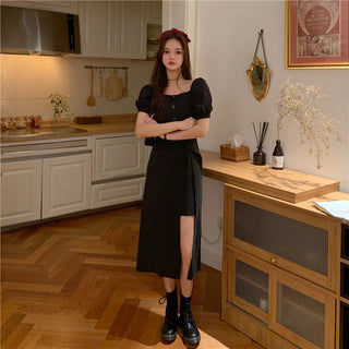 French Elegant Dress Women 2020 Autumn Casual Gothic Square Collar Puff Sleeve Chic Vintage Party Dress One-Piece Dress Korean ALODIA STORE