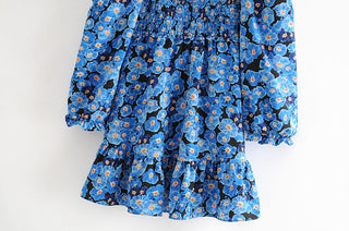 Vintage Blue Floral Print Dress Women Lantern Sleeve Square Neck A-line Dress Modern Female Holiday Summer Mini Chiffon Dress ALODIA STORE