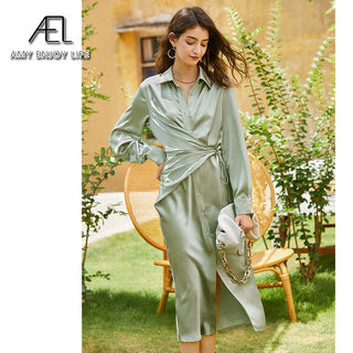 AEL lace up satin robe dress casual loose ladies Single breasted long shirt dress ALODIA STORE