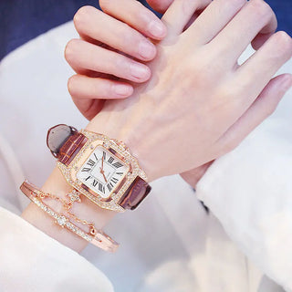 Women Diamond Watch Starry Square Dial Bracelet Watches Set Ladies Leather Band Quartz Wristwatch Female Clock Zegarek Damski ALODIA STORE