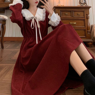 Vintage Dress Women Sweet Lace Peter Pan Collar French Elegant Long Sleeve Lace-Up Fairy One Piece Dress Korean 2021 Autumn Chic ALODIA STORE