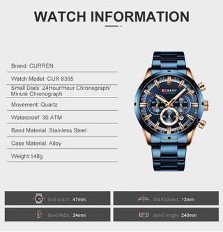 CURREN Men Watch Top Brand Luxury Sports Quartz Mens Watches Full Steel Waterproof Chronograph Wristwatch Men Relogio Masculino ALODIA STORE