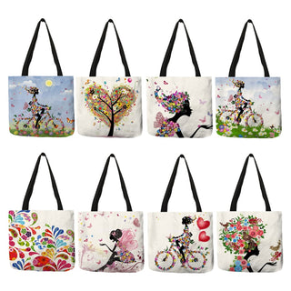 Wishing Girl Print Linen Reusable Shopping Bags ALODIA STORE