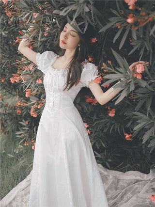Elegant Fairy Dress Women White French Puff Sleeve ALODIA STORE