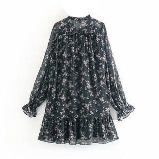 Aachoae Women Ruffle Bow Tie Mini Floral Print Dress Vintage Long Sleeve Casual Loose Pleated Dress Ruffles Party Dress Vestidos ALODIA STORE