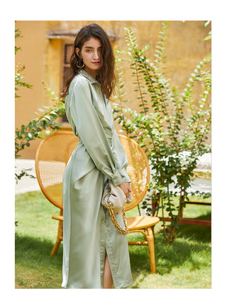 AEL lace up satin robe dress casual loose ladies Single breasted long shirt dress ALODIA STORE