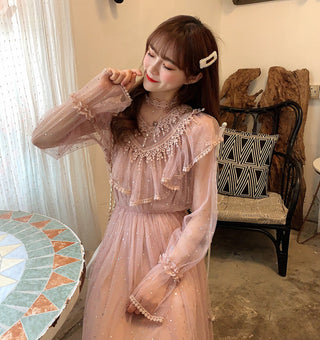 2022 Brand New Women Romantic Tulle Dress Stand Collar Beading Tassels Ruffles Long Sleeve Mesh Dress Cute Mid Dress Vestidos ALODIA STORE