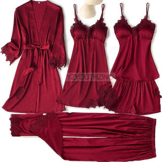 5PCS Robe Suit Satin Women Nightwear Lace Kimono Gown Bridal Wedding Bathrobe Set Sexy Pajamas V-Neck Sleepwear Lounge Lingerie ALODIA STORE