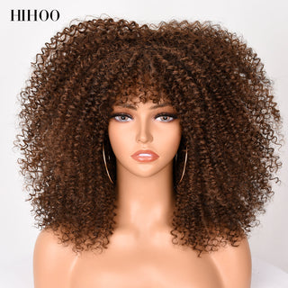 16''Short Hair Afro Kinky Curly Wig With Bangs For Black Women Cosplay Lolita Synthetic Natural Glueless Brown Mixed Blonde Wigs ALODIA STORE
