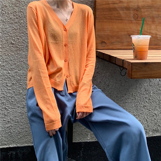 Cardigan Women Korean Long Sleeve Cardigan Summer Cropped Cardigan Knitted V-Neck Thin Ice Silk Sweaters Sunscreen Shirt Tops ALODIA STORE