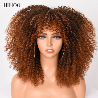 16''Short Hair Afro Kinky Curly Wig With Bangs For Black Women Cosplay Lolita Synthetic Natural Glueless Brown Mixed Blonde Wigs ALODIA STORE