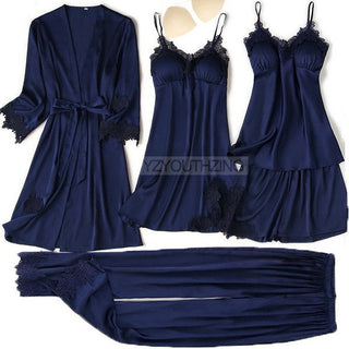 5PCS Robe Suit Satin Women Nightwear Lace Kimono Gown Bridal Wedding Bathrobe Set Sexy Pajamas V-Neck Sleepwear Lounge Lingerie ALODIA STORE
