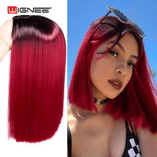 Wignee Straight Short Hair Synthetic Wigs For Women Heat Resistant Ombre Daily Soft Hair Glueless Daily Fiber Wigs Red Hair ALODIA STORE