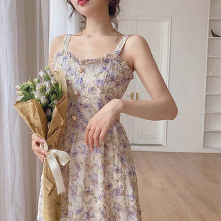 Spaghetti Strap Women French Elegant Vintage Floral Dress sweat ALODIA STORE
