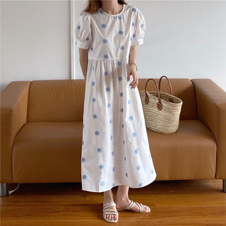 Alien Kitty Vinatge Floral Embroidery Elegant Women Dress 2021 New Summer Korean Style Puff Sleeve Party Long Dresses Vestidos ALODIA STORE