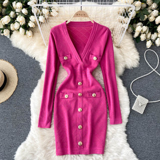 Women Knitted Pencil Dress Korean Long Sleeve V Neck Elastic Slim Dress ALODIA STORE