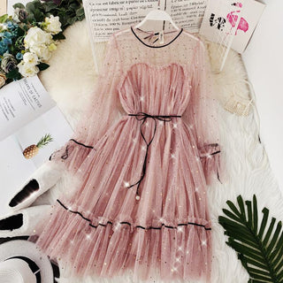 2022 Brand New Women Romantic Tulle Dress Stand Collar Beading Tassels Ruffles Long Sleeve Mesh Dress Cute Mid Dress Vestidos ALODIA STORE