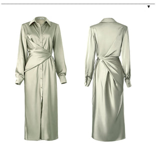 AEL lace up satin robe dress casual loose ladies Single breasted long shirt dress ALODIA STORE