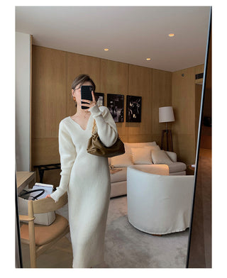 Elegant Long White Knitting Dress Women Winter V-Neck Long ALODIA STORE