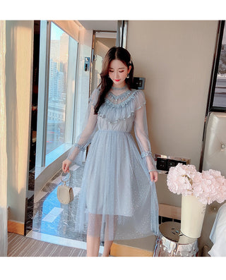 2022 Brand New Women Romantic Tulle Dress Stand Collar Beading Tassels Ruffles Long Sleeve Mesh Dress Cute Mid Dress Vestidos ALODIA STORE