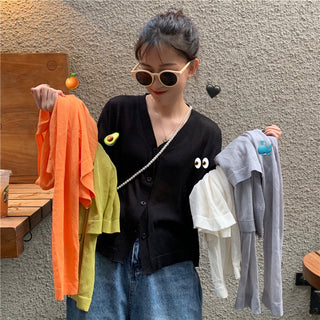 Cardigan Women Korean Long Sleeve Cardigan Summer Cropped Cardigan Knitted V-Neck Thin Ice Silk Sweaters Sunscreen Shirt Tops ALODIA STORE