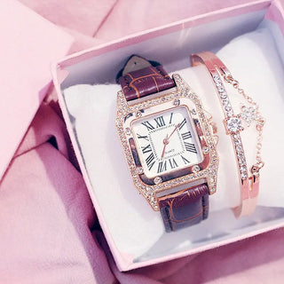 Women Diamond Watch Starry Square Dial Bracelet Watches Set Ladies Leather Band Quartz Wristwatch Female Clock Zegarek Damski ALODIA STORE