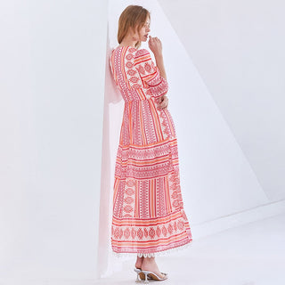 TWOTWINSTYLE Print Vintage Spring Dress For Women V Neck Half Sleeve High Waist Elegant Maxi Dresses Female Fashion New Clothes ALODIA STORE