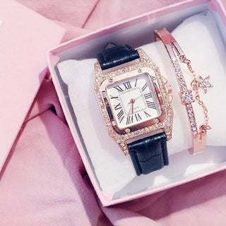 Women Diamond Watch Starry Square Dial Bracelet Watches Set Ladies Leather Band Quartz Wristwatch Female Clock Zegarek Damski ALODIA STORE