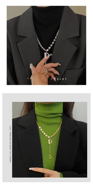 Design Sense Micro Setting Zircon D Letter Pendant Long Necklace Winter Sweater Chain Fashion Jewelry For Woman Girls Party Gift ALODIA STORE