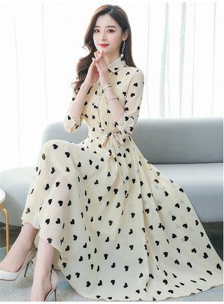 2023 Korean summer new stand-up collar seven-point sleeves temperament chiffon floral big swing dress women ALODIA STORE