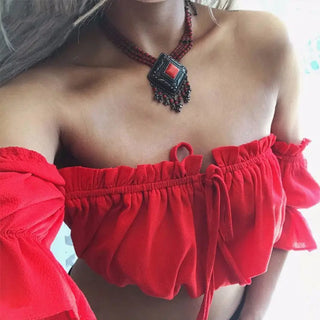 Crop Tops Women 2020 Summer Lantern Sleeve Sexy Strapless Beach Tops Red Black White Ruched Crop Top Tank Top Croptop Clothing ALODIA STORE