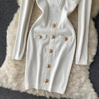 Women Knitted Pencil Dress Korean Long Sleeve V Neck Elastic Slim Dress ALODIA STORE
