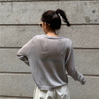 Cardigan Women Korean Long Sleeve Cardigan Summer Cropped Cardigan Knitted V-Neck Thin Ice Silk Sweaters Sunscreen Shirt Tops ALODIA STORE