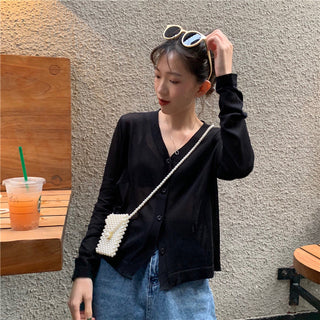 Cardigan Women Korean Long Sleeve Cardigan Summer Cropped Cardigan Knitted V-Neck Thin Ice Silk Sweaters Sunscreen Shirt Tops ALODIA STORE
