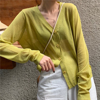 Cardigan Women Korean Long Sleeve Cardigan Summer Cropped Cardigan Knitted V-Neck Thin Ice Silk Sweaters Sunscreen Shirt Tops ALODIA STORE