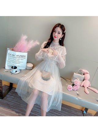 2022 Brand New Women Romantic Tulle Dress Stand Collar Beading Tassels Ruffles Long Sleeve Mesh Dress Cute Mid Dress Vestidos ALODIA STORE